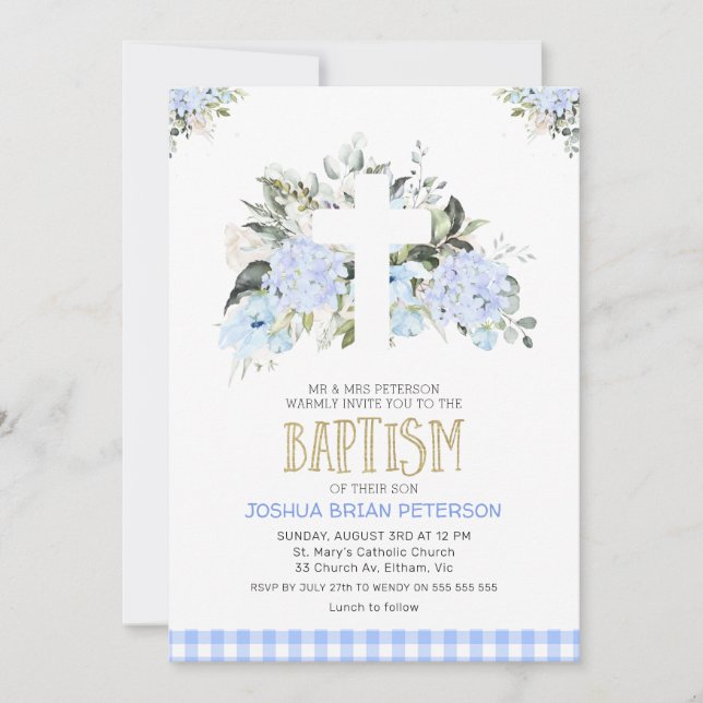 Invitación Baptismo cruzado de plaqueta floral azul bebé (Anverso)