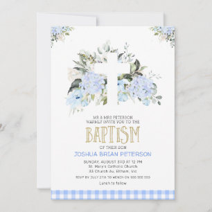 Invitación Baptismo cruzado de plaqueta floral azul bebé
