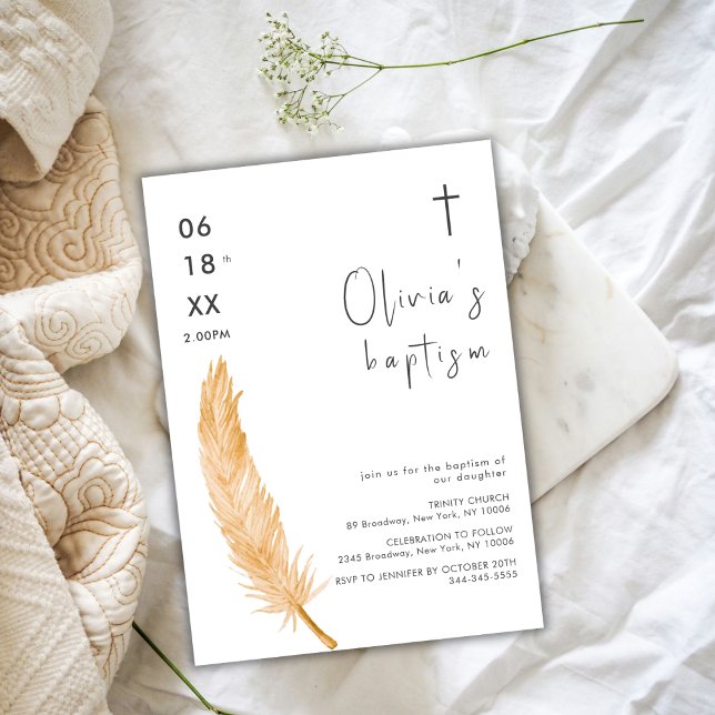 Invitación Baptismo cruzado de plumas de acuarela neutra (Neutral Watercolor Feather Cross Baptism Invitation)