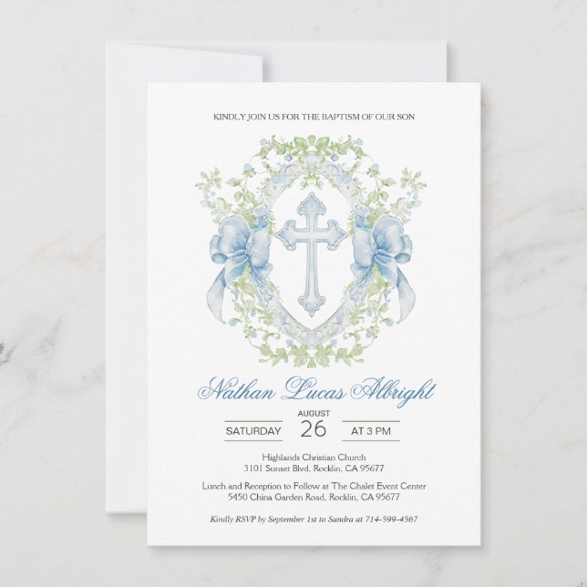 Invitación Baptismo Cruzado Escudo Verde Niño (Anverso)