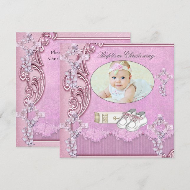 Invitación Baptismo Cruzado Rosa Chica Foto bautizada 2 (Anverso / Reverso)