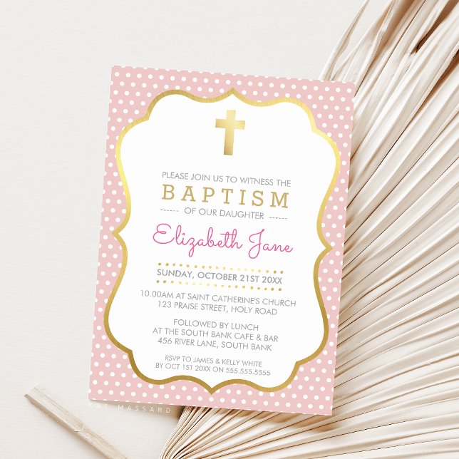 Invitación Baptismo CUTE DE LA CRUZ DE ORO fino polkadot rosa (Subido por el creador)