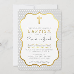 Invitación Baptismo CUTE GOLD CROSS sofisticado polkadot gris