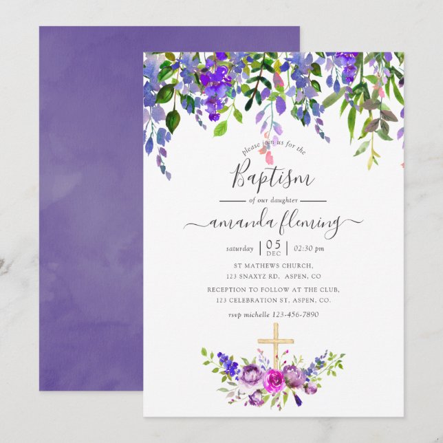 Invitación Baptismo de acuarela violeta (Anverso / Reverso)