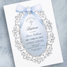 Invitación Baptismo de armazón azul de Purpurina plateado