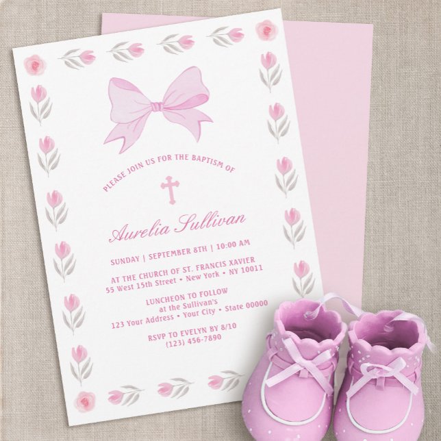 Invitación Baptismo de armazón rosa con marco floral (Subido por el creador)