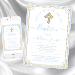 Invitación Baptismo de Baby Blue Gold Boy