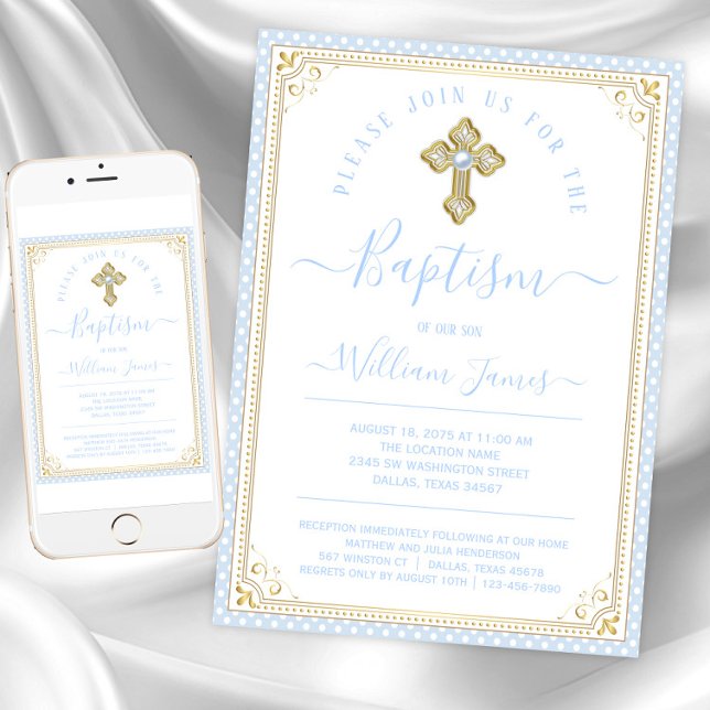 Invitación Baptismo de Baby Blue Gold Boy (Baby blue gold baptism invitations. Instant download and printed invitations available.)