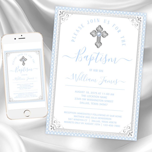 Invitación Baptismo de bebé Blue Silver Boy (Baby blue silver baptism invitations. Instant download and printed invitations available.)