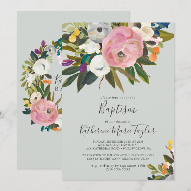 Invitación Baptismo de bebé floral pintado (Anverso / Reverso)