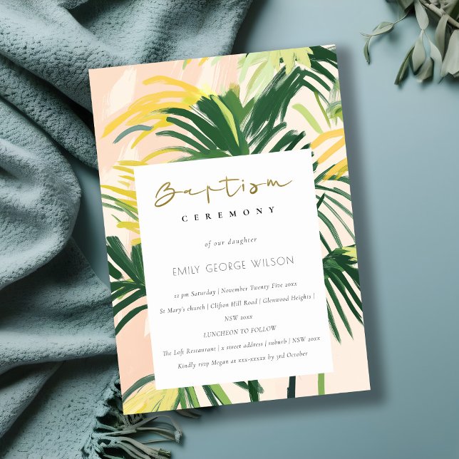 Invitación Baptismo de Boho Rubor Green Tropical Palm Beach (Subido por el creador)