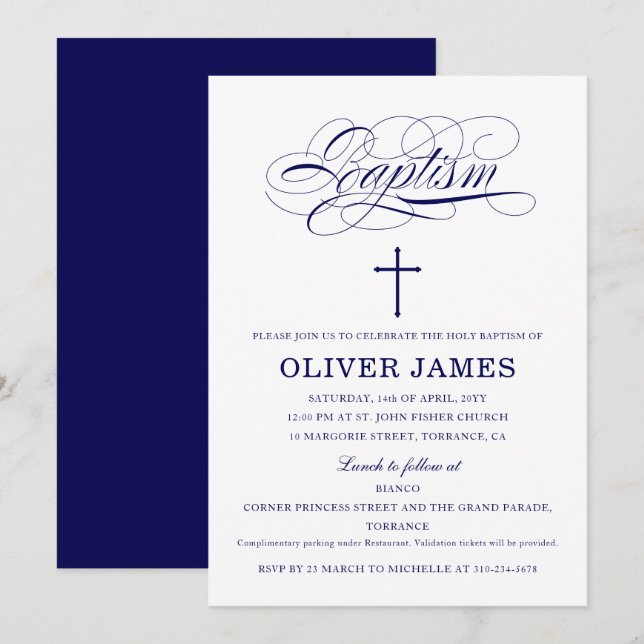 Invitación Baptismo de caligrafía azul de la Marina Elegante (Anverso / Reverso)