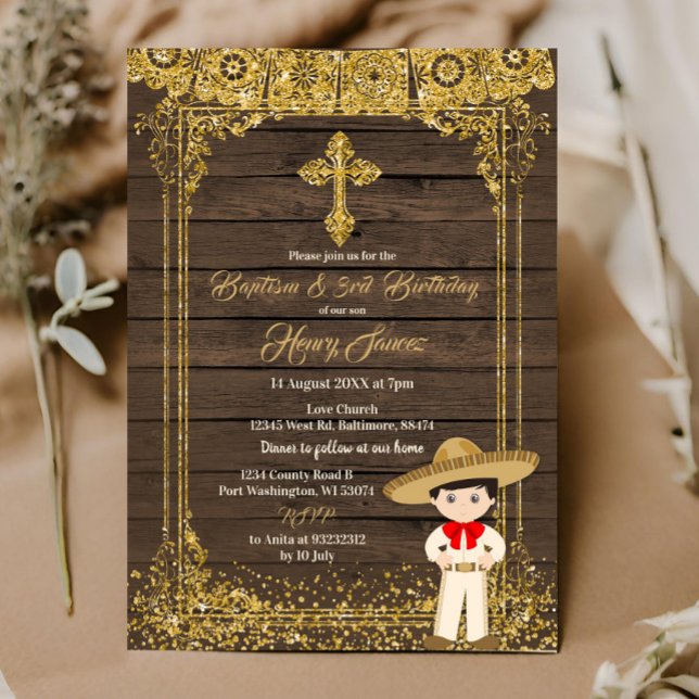 Invitación Baptismo de charro marrón y oro mexicano y tercer  (Subido por el creador)