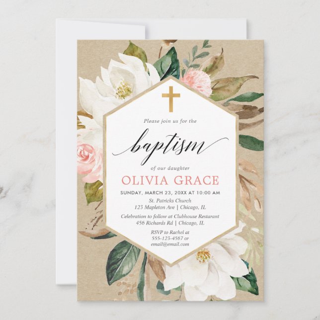 Invitación Baptismo de chica floral blanco rosa y rugoso (Anverso)