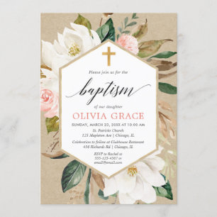 Invitación Baptismo de chica floral blanco rosa y rugoso