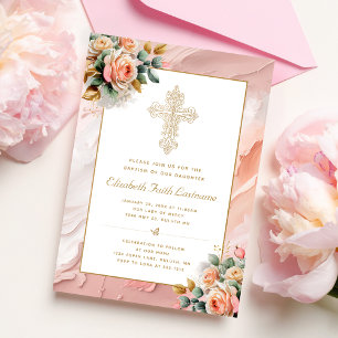 Invitación Baptismo de Chica floral rosa cruzado con ornament