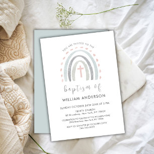 Invitación Baptismo de chico simple con cruz arco iris