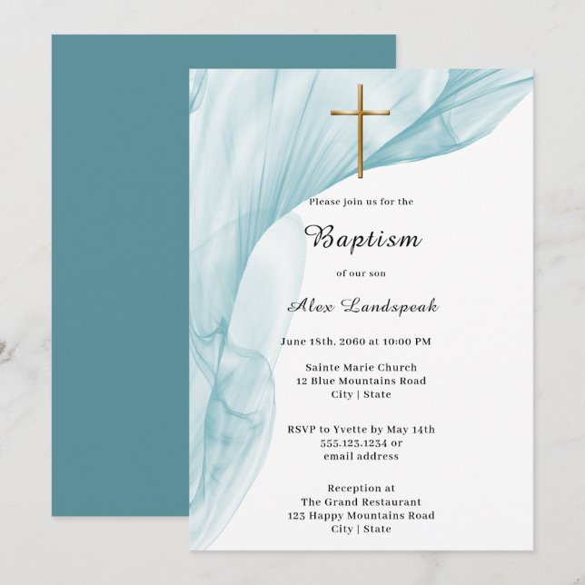 Invitación Baptismo de cruz blanca, azul y dorada (Anverso / Reverso)