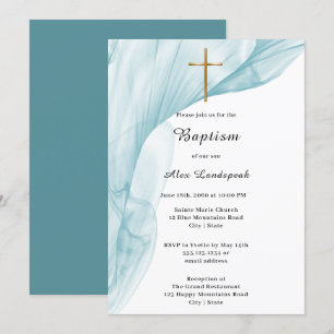 Invitación Baptismo de cruz blanca, azul y dorada