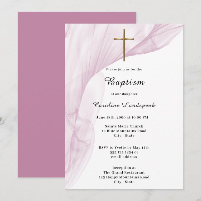 Invitación Baptismo de cruz blanca, rosa y dorada (Anverso / Reverso)
