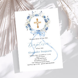 Invitación Baptismo de cruz de flor azul