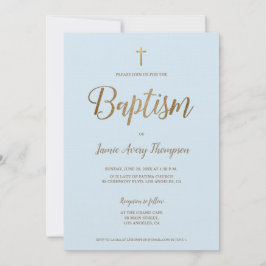 Invitación Baptismo de cruz de oro azul moderno simple