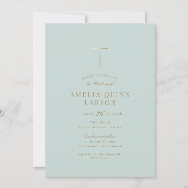 Invitación Baptismo de cruz de oro simple y verde (Anverso)