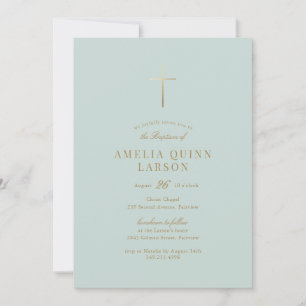 Invitación Baptismo de cruz de oro simple y verde