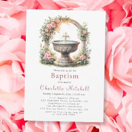 Invitación Baptismo de cruz elegante floral rosa