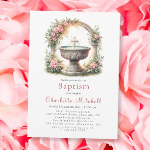 Invitación Baptismo de cruz elegante floral rosa