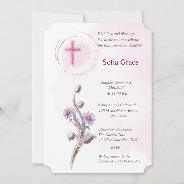 Invitación Baptismo De Cruz Rosa Suave Y Chica Floral Invitta (Anverso)