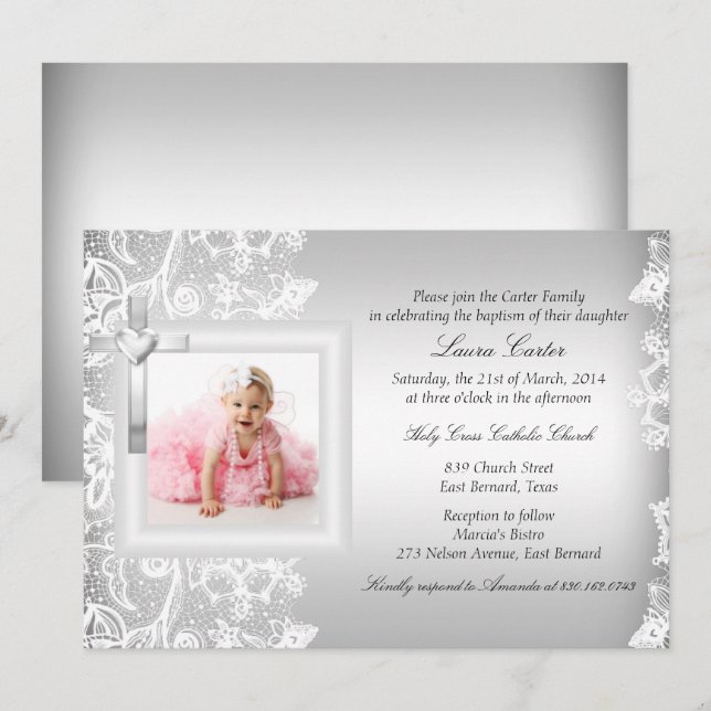 Invitación Baptismo de encaje y plata cruzada/cristianismo de (Anverso / Reverso)