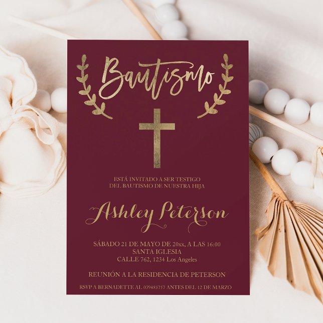 Invitación Baptismo de escritura elegante de color rojo burde (Spanish Gold burgundy red elegant script baptism Invitation)