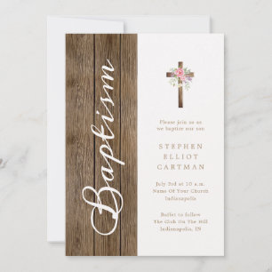 Invitación Baptismo de escritura elegante de cruz de madera f