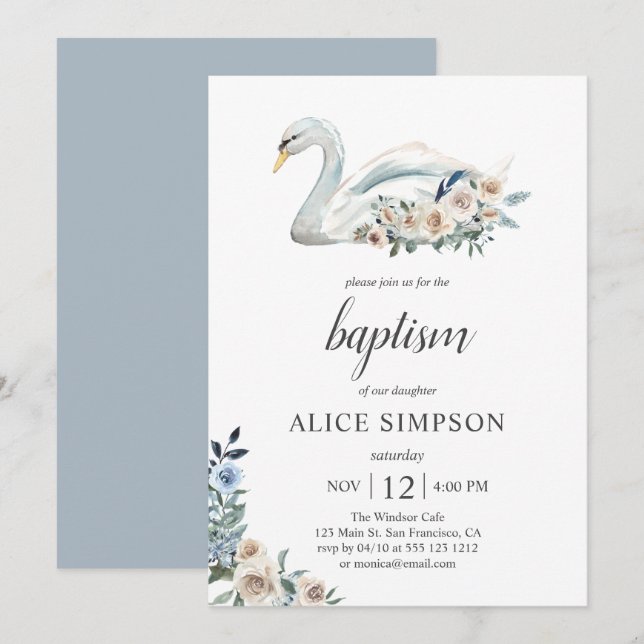 Invitación Baptismo de flores beige azules de cisne dulce boh (Anverso / Reverso)