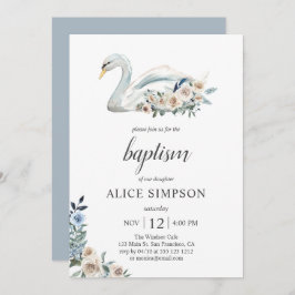 Invitación Baptismo de flores beige azules de cisne dulce boh