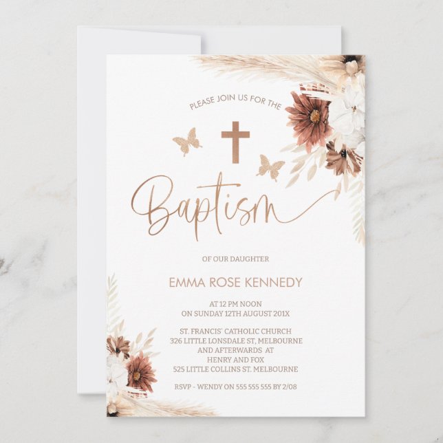 Invitación Baptismo De Flores Y Mariposas De Boho Marrón (Anverso)