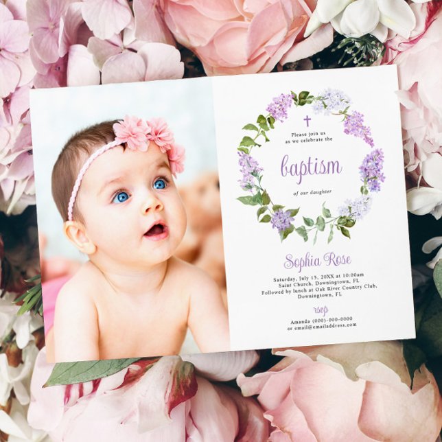Invitación Baptismo de foto Chica de flores rusticas de Lilac (Subido por el creador)