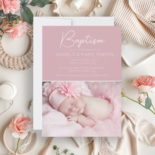 Invitación Baptismo de foto de una niña rosa de Rubor (Blush pink baby baptism photo invitation)