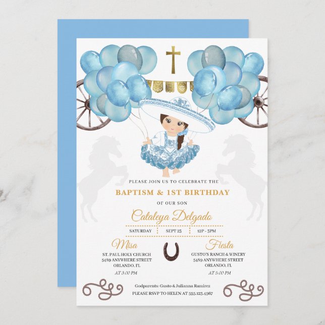 Invitación Baptismo de globos mexicanos Charra, bebé azul y o (Anverso / Reverso)