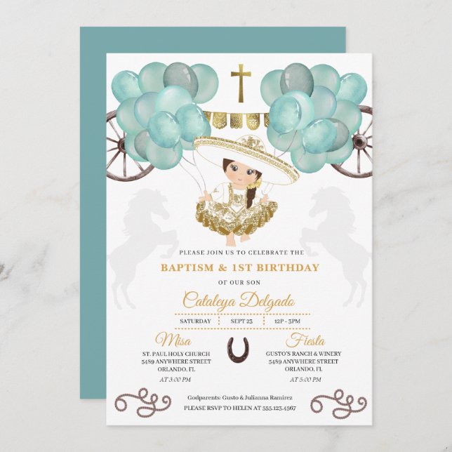Invitación Baptismo de globos mexicanos Charra, bebé verde az (Anverso / Reverso)
