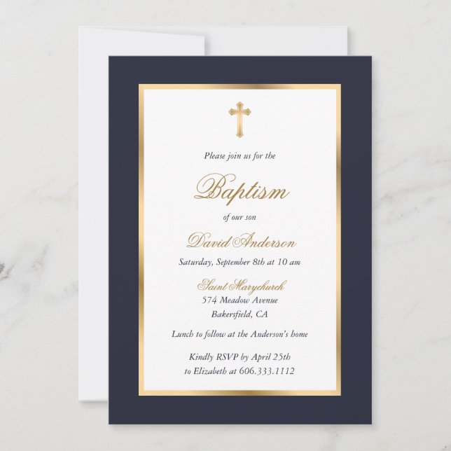 Invitación Baptismo de guiones con elegancia en cruz azul y o (Anverso)