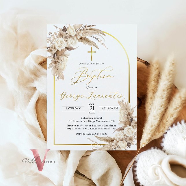Invitación Baptismo de hierba bohemio-neutro Pampas bautizado (Subido por el creador)