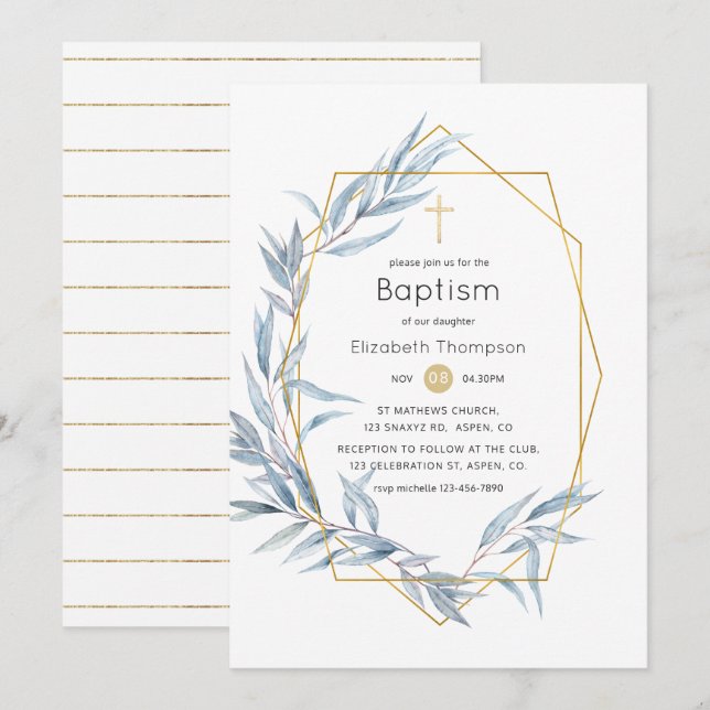 Invitación Baptismo de hojas de eucalipto geométrico azul y o (Anverso / Reverso)
