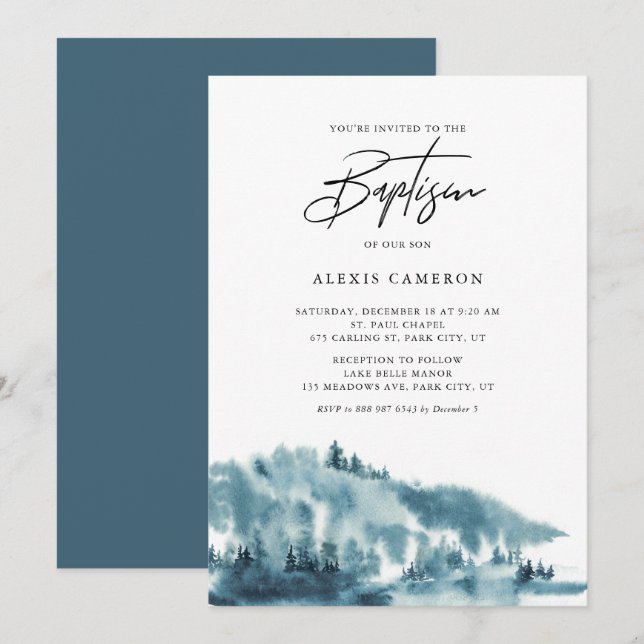 Invitación Baptismo de invierno de la Selva Azul acuarela (Anverso / Reverso)