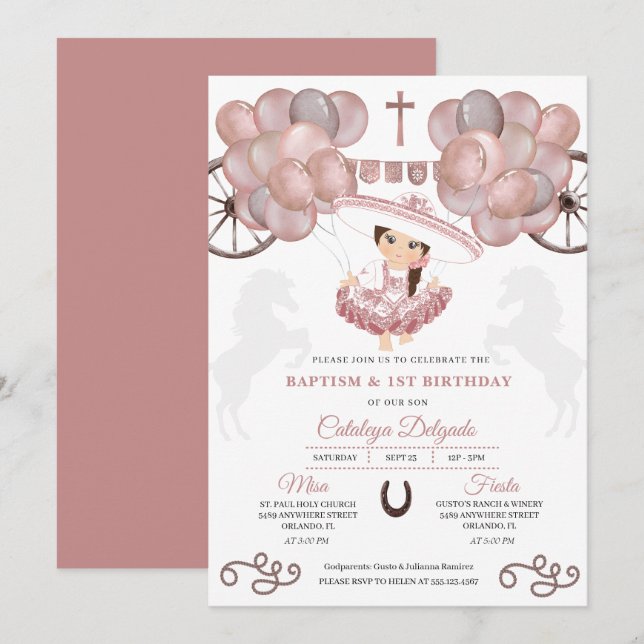 Invitación Baptismo de la bebé de oro mexicana Charra Balloon (Anverso / Reverso)