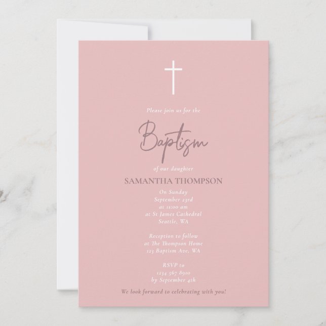 Invitación Baptismo de la caligrafía de niña rosa (Anverso)