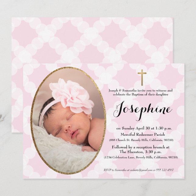Invitación Baptismo de la chica rosa blanca y dorada (Anverso / Reverso)