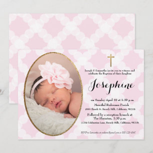 Invitación Baptismo de la chica rosa blanca y dorada