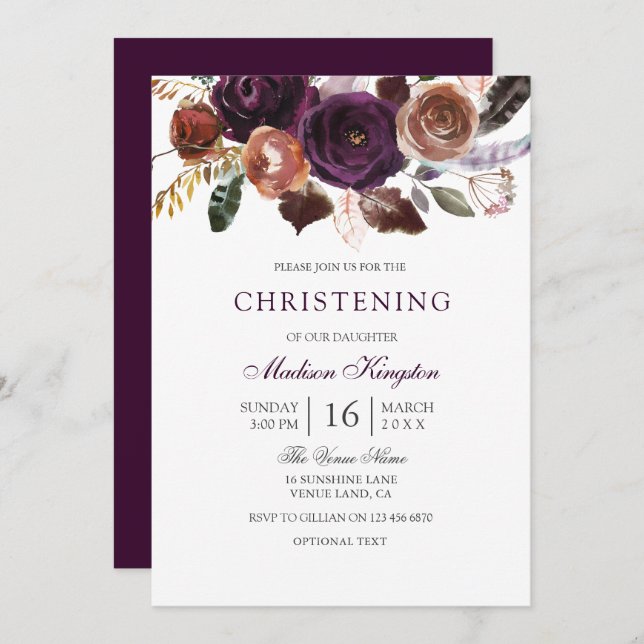 Invitación Baptismo de la cristiandad floral de ciruela morad (Anverso / Reverso)